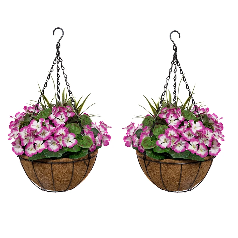 GreenBrokers Coir 2X Artificial Round Hanging Baskets with Purple Geraniums (Set of 2)