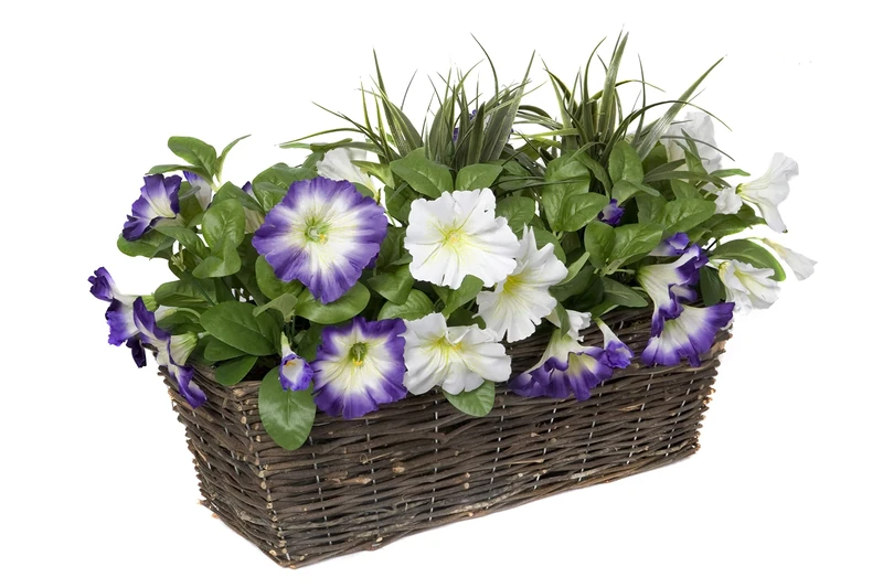 Artificial Rattan Window Box with Purple & White Petunias & Green Grasses & Foliage