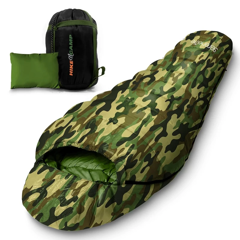SereneLife Backpacking Sleeping Bag Camping Gear - Mummy Sleeping Bag For Adults/Teens w/Pillow, Bag - Outdoor Lightweight Weather Proof Sleeping Bag - Camping, Hiking Traveling - SLSCA5 (Camouflage)