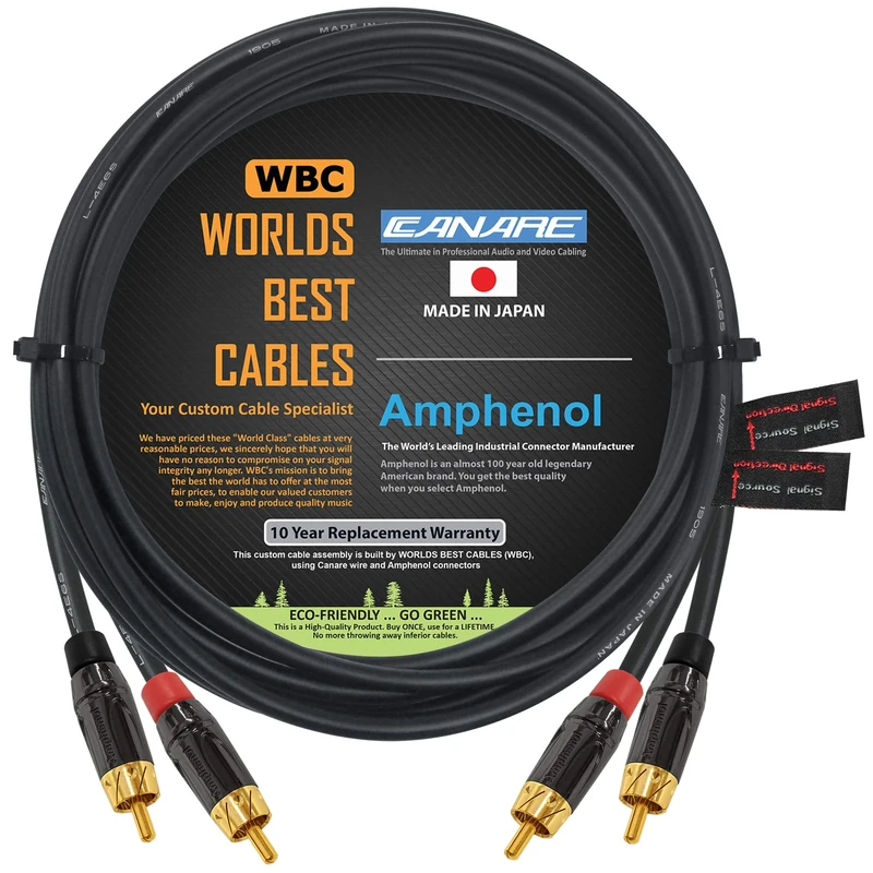 3 Meter RCA Cable Pair - Canare L-4E6S Star-Quad Balanced Audio Interconnect Cable with Amphenol ACPL Black Chrome Body, Gold Plated RCA Connectors - Directional
