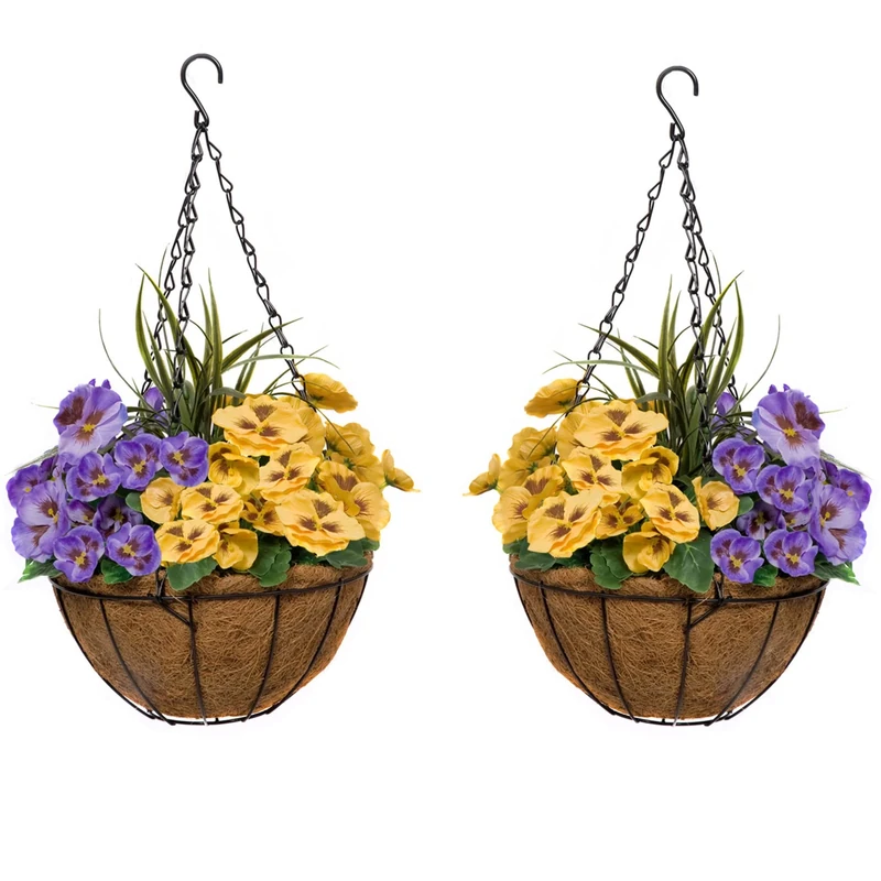 GreenBrokers 2X Artificial Coco Hanging Baskets with Yellow and Purple Flowers and Decorative Grasses (Set of 2), 50cm