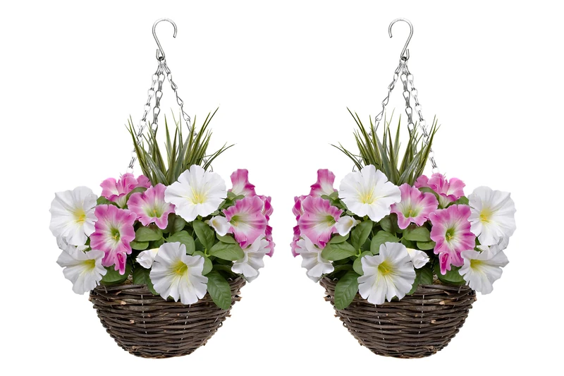 GreenBrokers Hanging Baskets 2X Artificial Round Rattan Pink & White Petunias and Decorative Grasses (Set of 2)