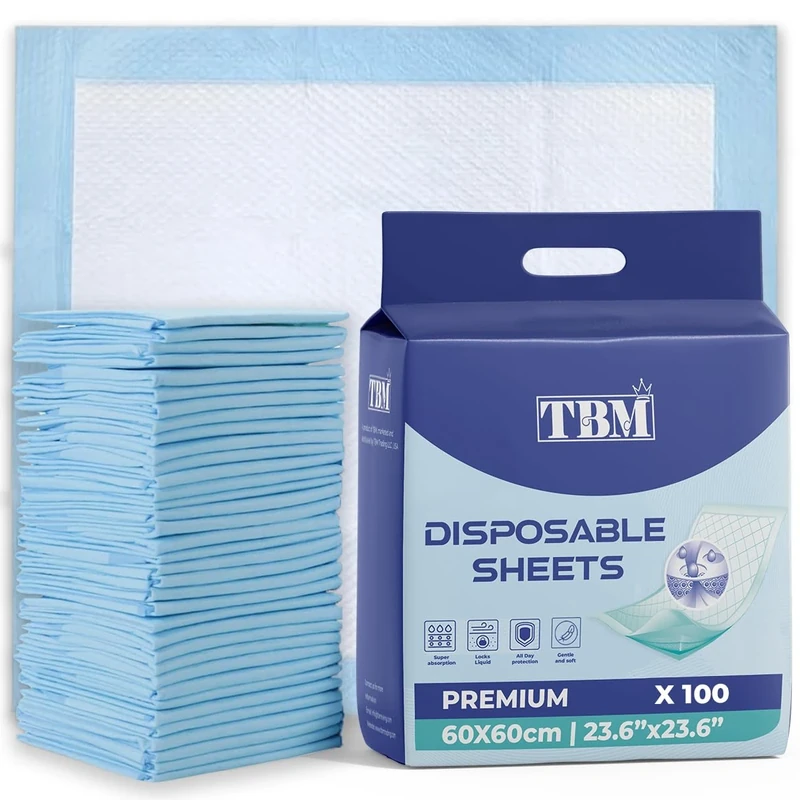 TBM 100 x Disposable Incontinence Bed Pads 60 x 60 | Absorbent Underpad, Bed Mats, Inco Pad, incontinence bed Sheets, Perfect for Adult, Children, Matress Protector