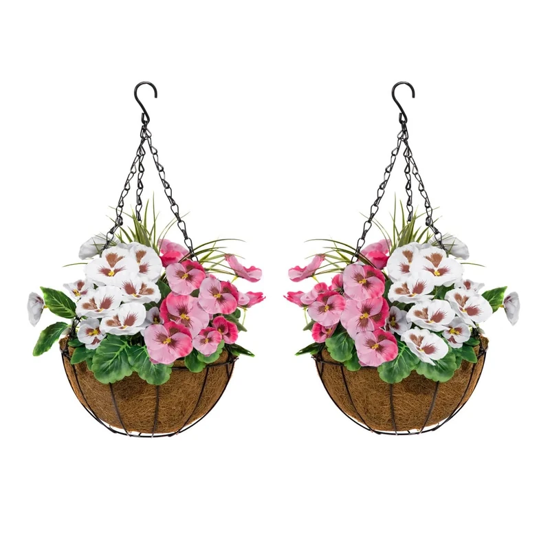 GreenBrokers A1158 2x Artificial Coco Coir Hanging Baskets with Pink & White Pansies and Decorative Grasses (Set of 2)