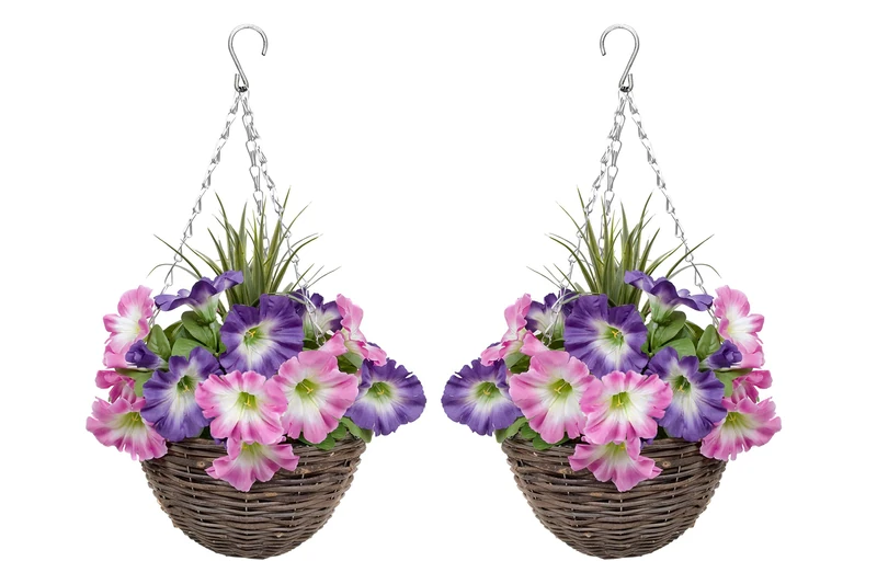 GreenBrokers Hanging Baskets 2X Artificial Round Rattan Pink & Purple Petunias and Decorative Grasses (Set of 2)