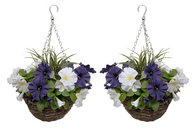 GreenBrokers Rattan 2X Artificial Round Hanging Baskets with Dark Purple & White Petunias and Decorative Grasses (Set of 2)