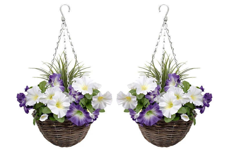 GreenBrokers Hanging Baskets 2X Artificial Round Rattan Purple & White Petunias and Decorative Grasses (Set of 2) - Image 1