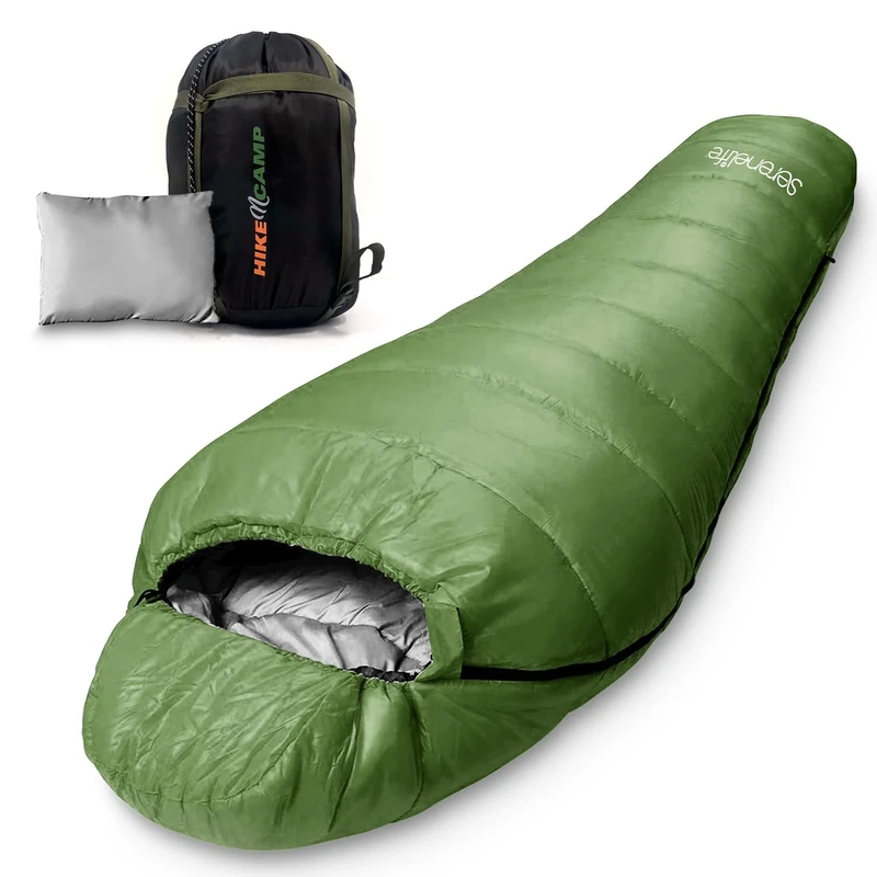 SereneLife Backpacking Sleeping Bag Camping Gear - Mummy Sleeping Bag for Adults/Teens w/Pillow, Bag - Outdoor Lightweight Weather Proof Sleeping Bag - Camping, Hiking Traveling SLSGR5 (Green)