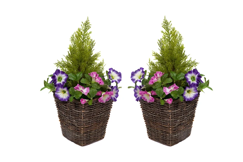 GreenBrokers Artificial Rattan Patio Planters with Pink & Purple Petunias & Cedar Topiary (Set of 2)