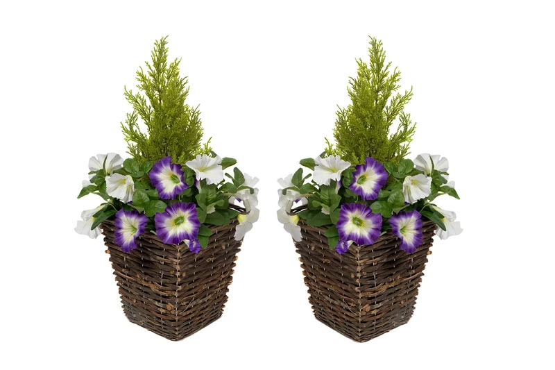 Greenbrokers Artificial Rattan Patio Planters with Purple & White Petunias & Cedar Topiary (Set of 2)