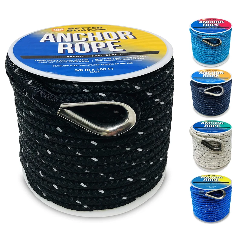 Better Boat Premium 100 Ft Double Braided Nylon Boat Anchor Line Black, 3/8 Inch, 820lb Working Load, 4035lb Breaking Load