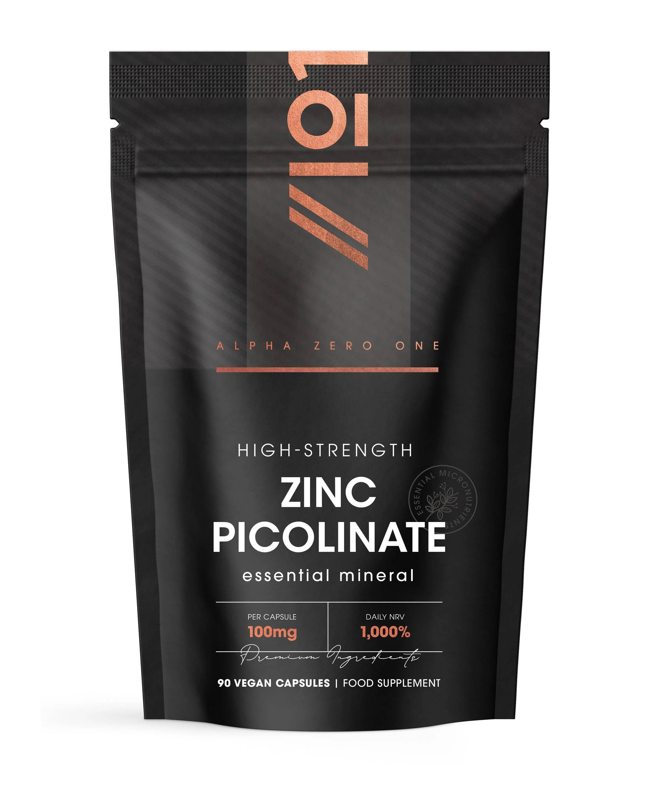 Zinc Picolinate 100mg - Immune Suport Elemental Zinc Picolinate - 90 Vegan Capsules (3 Months Supply) - Resealable and Recyclable Pouch by Alpha01