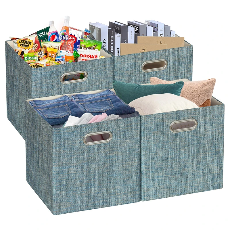Posprica Storage Boxes, Foldable Organiser Cube Basket Bin, Thick and Heavy Duty (33×33×33cm/4pcs, Teal)