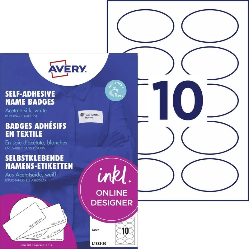 Avery Zweckform Name Labels (200 Name Stickers, 85 x 50 mm on DIN A4, Self-Adhesive, Printable Textile Labels Made of Acetate Silk, Residue Removable, Laser, 20 Sheets L4882-20) White