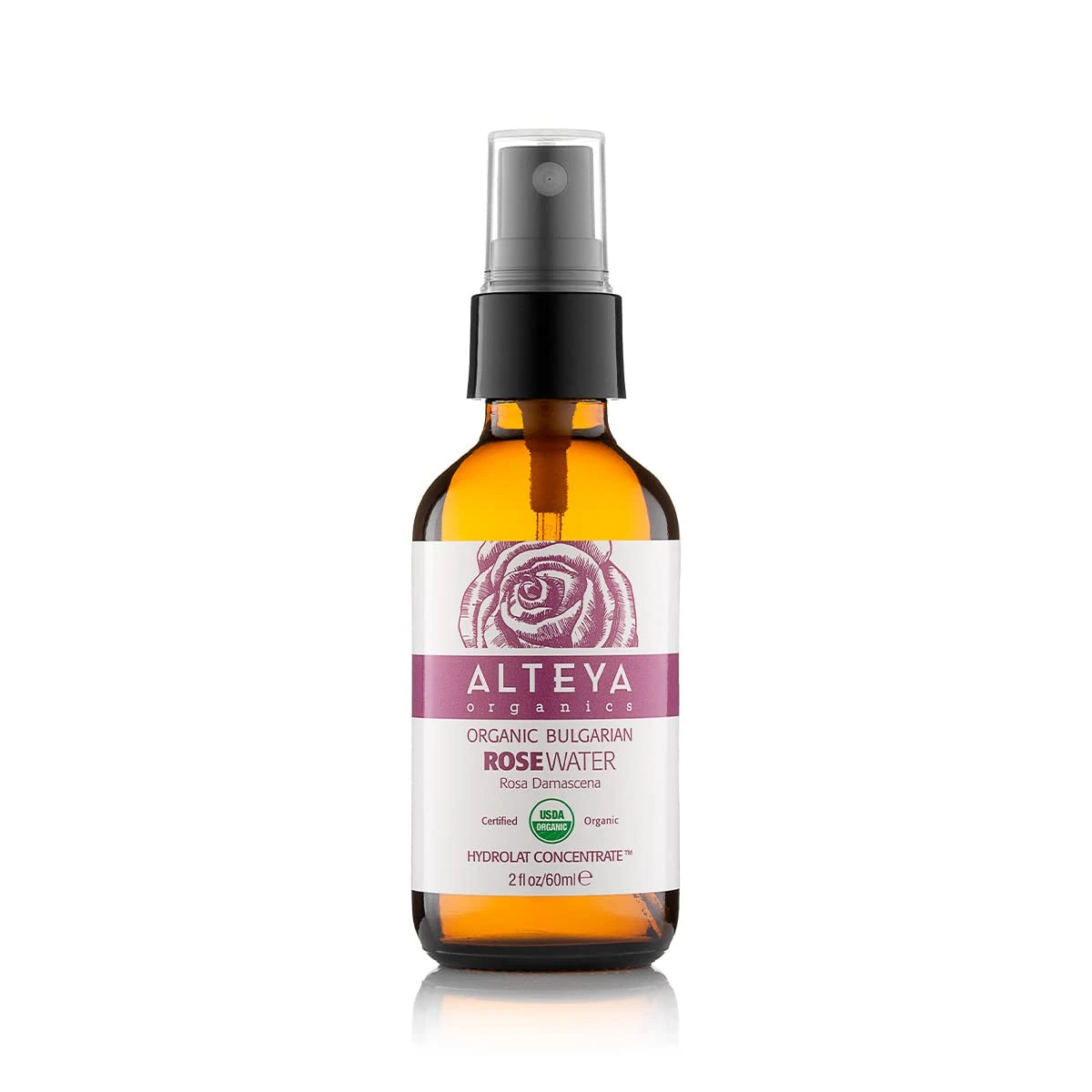 Alteya Organics Rose Water USDA Certified Organic Facial Toner,60 mL Pure Bulgarian Rosa Damascena Flower Water, Award-Winning Moisturizer Amber Glass Spray Bottle