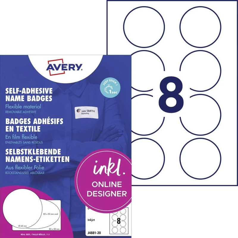 Avery Zweckform J4881-20 Name Labels (160 Name Stickers Round, Diameter 65 mm on A4, Self-Adhesive, Printable Round Textile Labels for Inkjet Printers, Removable Without Residue), 20 Sheets, White
