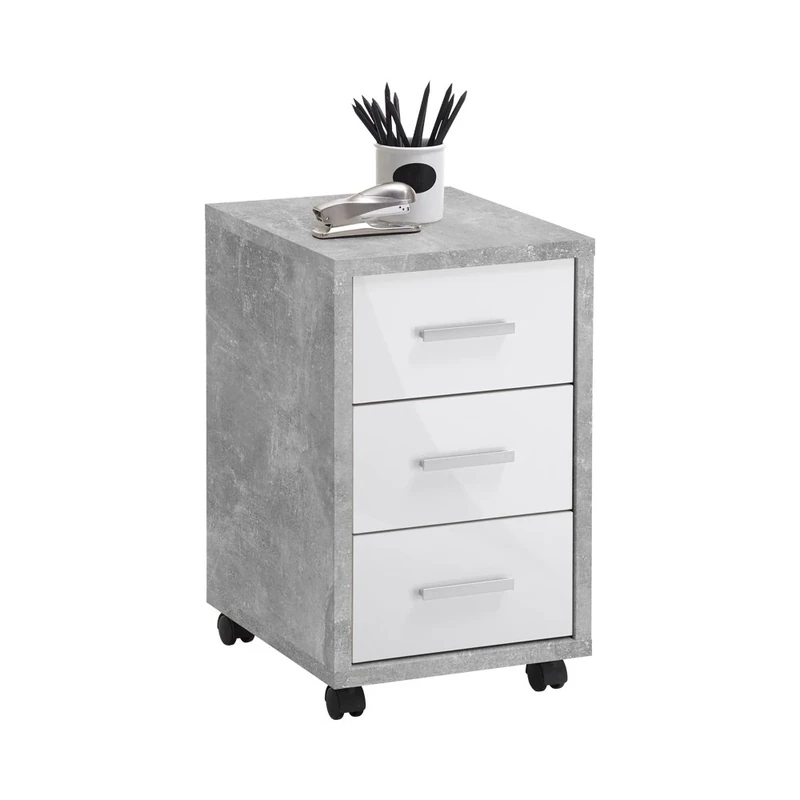 FMD Möbel, 367-002E Diego 2 Rolling Containers, Wood Material, Concrete La/High-Gloss White, Dimensions 35.0 x 53.6 x 42.0 cm (W x H)