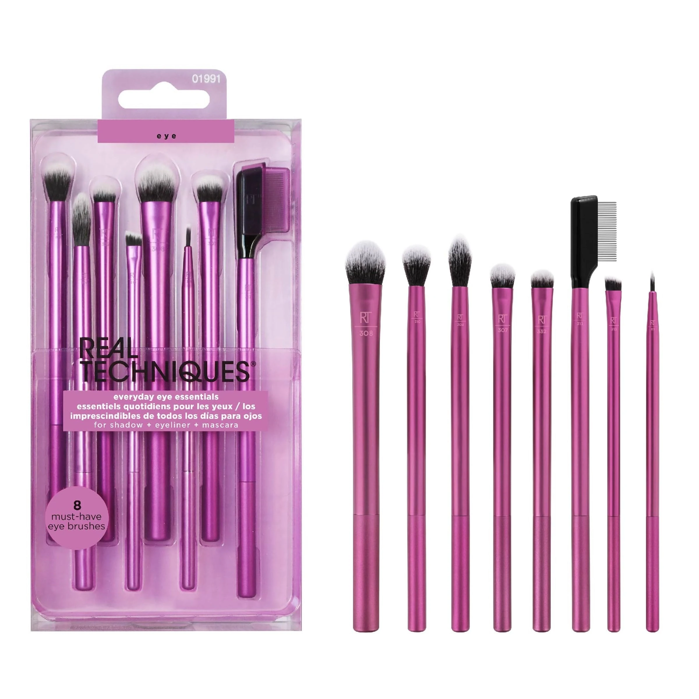 Real Techniques Everyday Eye Essentials Makeup Brush Set, Eye Brushes for Liner, Eyeshadow, Brows, and Lashes, Travel, Friendly, Synthetic Bristles, Cruelty-Free and Vegan, 8 Piece Set