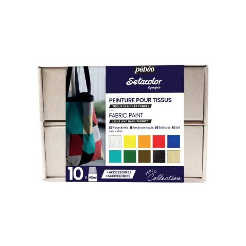 Pébéo Setacolor Fabric Paint Opaque Collection Set - Textile Paint Kit - 10 x 45 ml Assorted Bottles, 1 x 20 ml Tube Setacolor 3D Gold Metal Effect, 1 x 7A Marker, Accessories, Creative Guide - Image 1