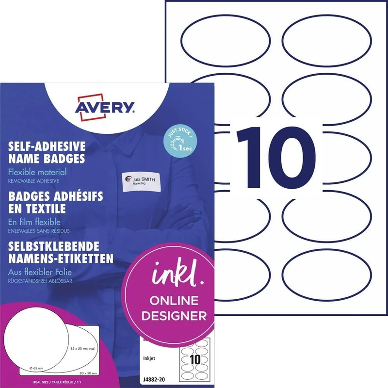 Avery Zweckform J4882-20 Name Labels (200 Name Stickers, 85 x 50 mm on A4, Self-Adhesive, Printable Oval Textile Labels for Inkjet Printers, Removable Without Residue), 20 Sheets, White