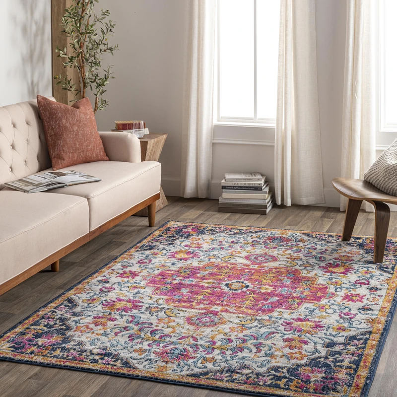 Livabliss Erfoud Vintage - Area s Living Room 200x275 cm, Dining Floor, Kitchen, Traditional Multicoloured Boho, Easy Care Pile, Bohemian Large, Orange, Fuchsia, Navy, Beige