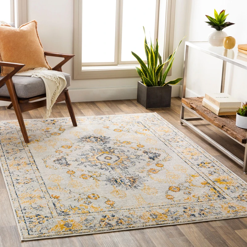 Livabliss Palma Vintage Rug - Area Rugs Living Room 200x274 cm, Dining Floor, Kitchen, Traditional Multicoloured Boho Style, Easy Care Pile, Bohemian Large Rug, Beige, Mustard and Grey