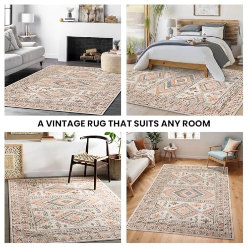 Livabliss Dublin Vintage Rug - Area Rugs Living Room 160x213 cm, Dining Floor, Kitchen, Traditional Multicoloured Boho Style, Easy Care Pile, Bohemian Large Rug, Ivory, Pink and Grey