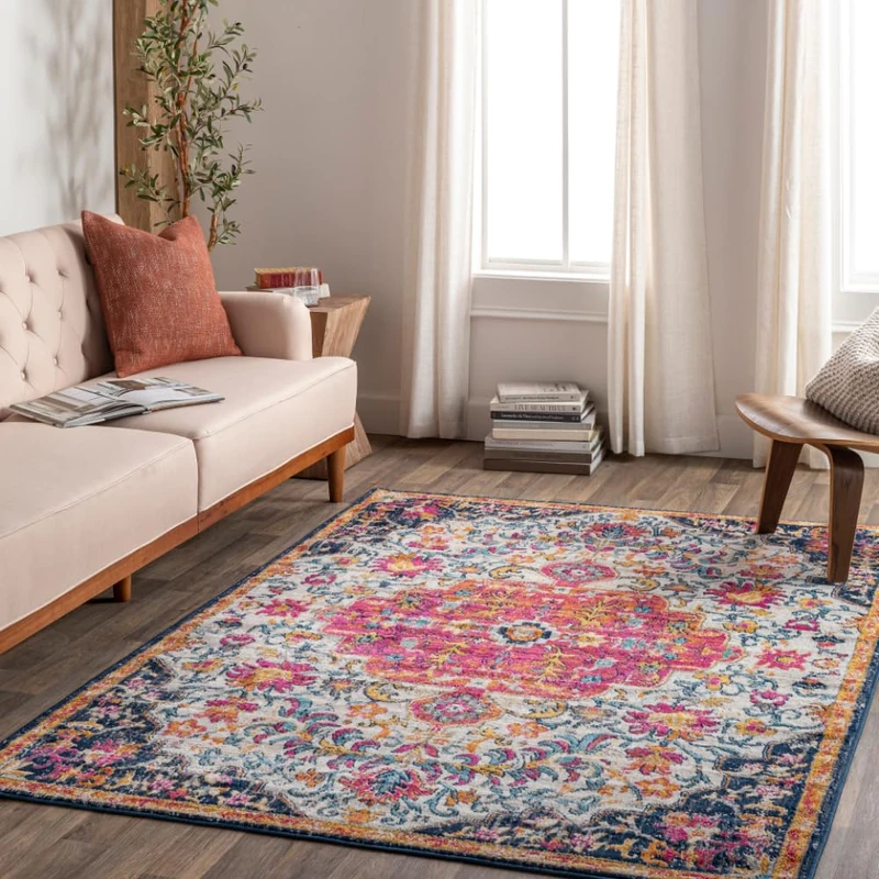 Livabliss Erfoud Vintage - Area s Living Room 160x215 cm, Dining Floor, Kitchen, Traditional Multicoloured Boho, Easy Care Pile, Bohemian Large, Orange, Fuchsia, Navy, Beige