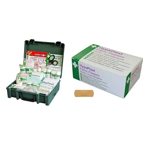 Safety First Aid Group Economy Workplace First Aid Kit BS 8599 Compliant, Medium with HypaPlast Fabric Plasters, 7.2 x 2.5 cm (Pack of 100)