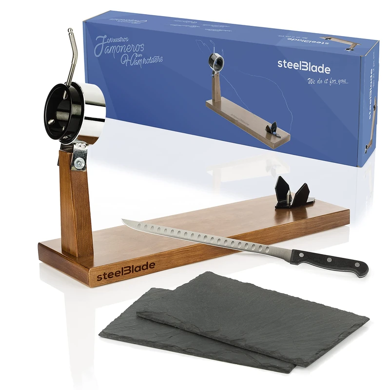Steelblade 011115 Deluxe 360º Rotating Box Knife 28 cm + 2 Natural Slate Plates-2 Positions for Hams and Pallets, Wood Steel
