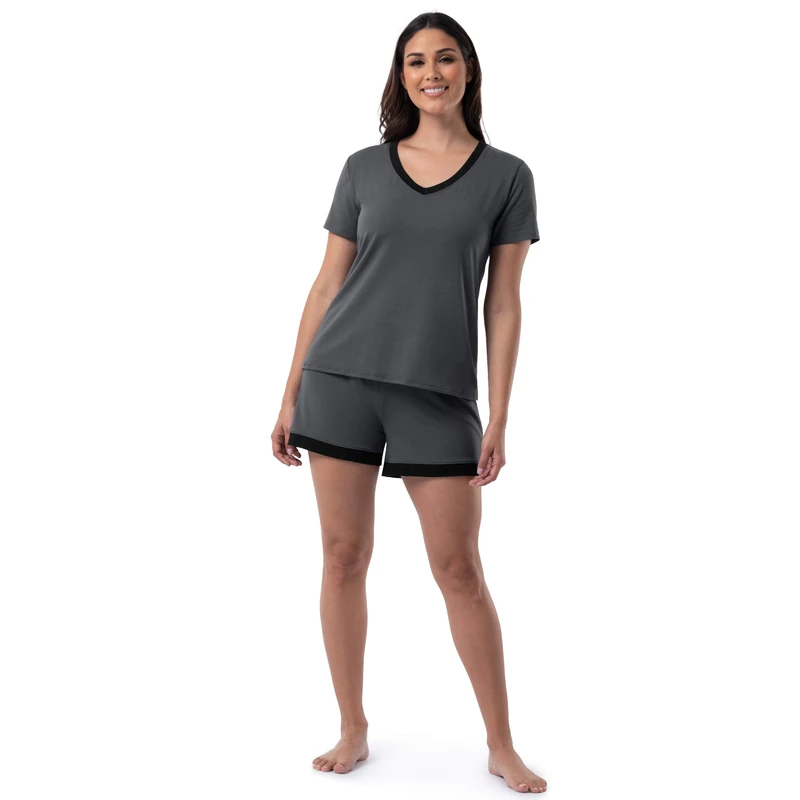 Fruit of the Loom Women's Sleeve Tee and Short 2 Piece Sleep Set, Soft Grey, Large