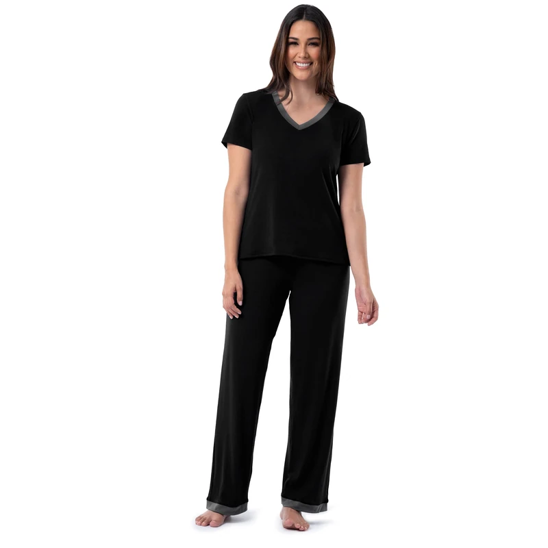 Fruit of the Loom Women's Short Sleeve Tee and Pant 2 Piece Sleep Set Pajama, Black, Medium