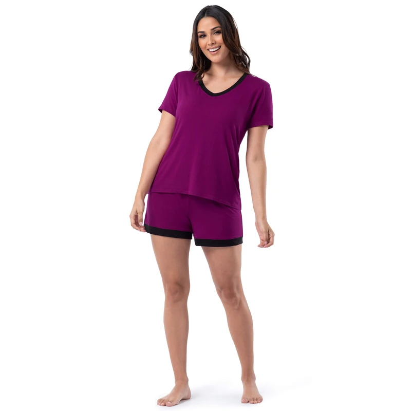 Fruit of the Loom Women's Sleeve Tee and Short 2 Piece Sleep Set, Berry, Large