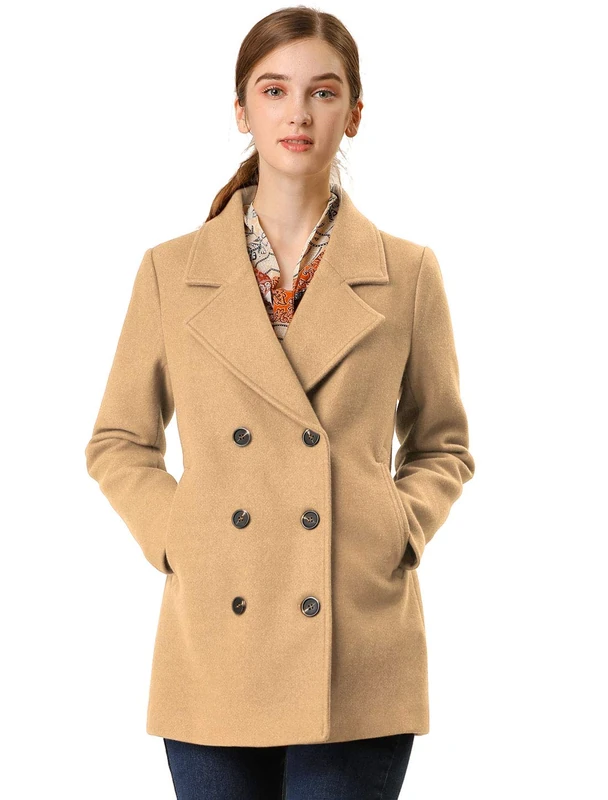 Allegra K Women's long-sleeved turn-down collar, double-breasted trench coat, camel, S