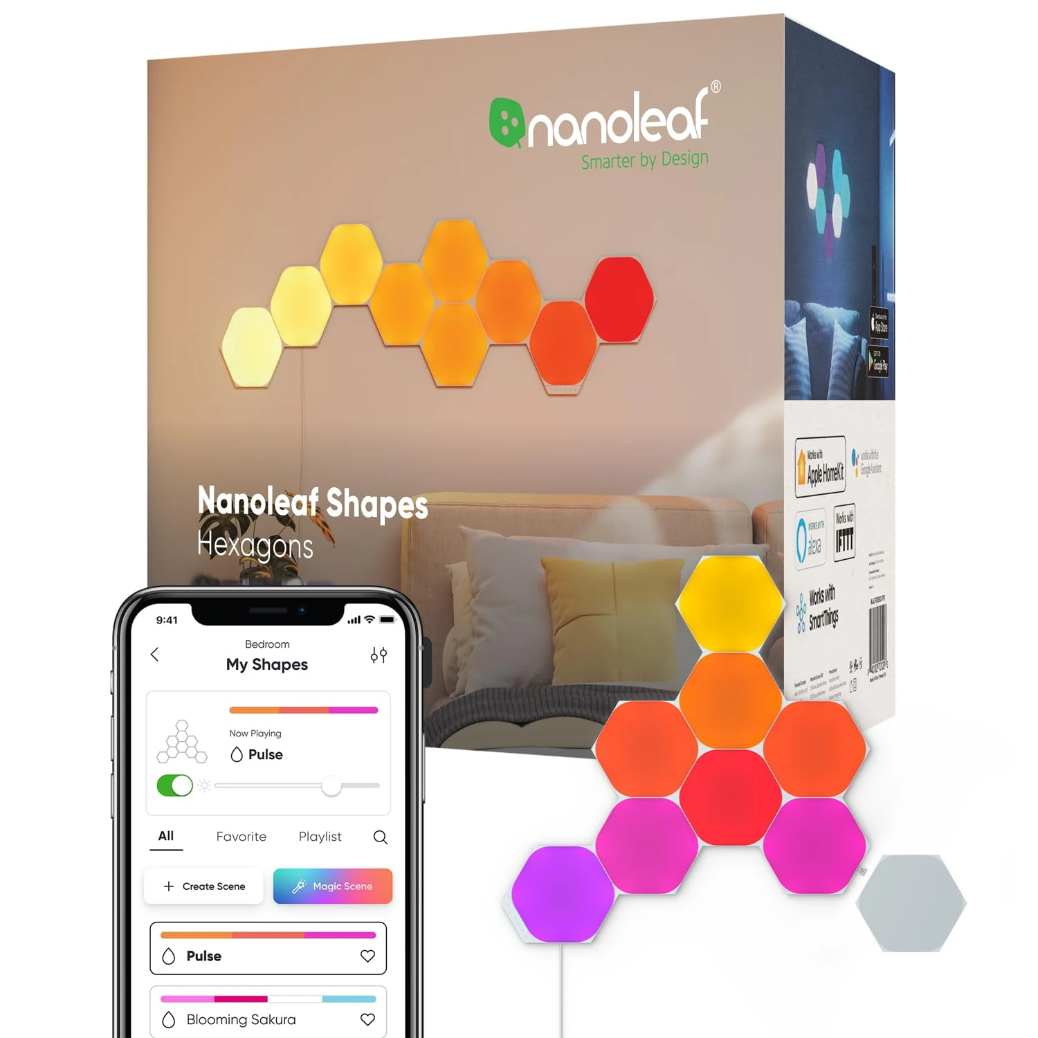 Nanoleaf Shapes Hexagon Starter Kit, 9 LED Smart Light Panels - Dimmable & Modular Wi-Fi Wall Mood Lights, Works with Alexa Google Assistant Apple Homekit, for House Room Decor or Desk