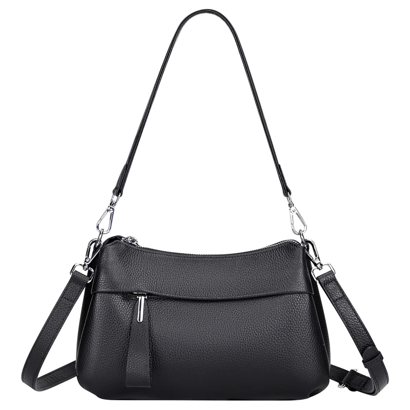 OVER EARTH Leather Handbags for Women Small Hobo Shoulder Bag Ladies Crossbody Purse, Silver Hardware/Black, One Size