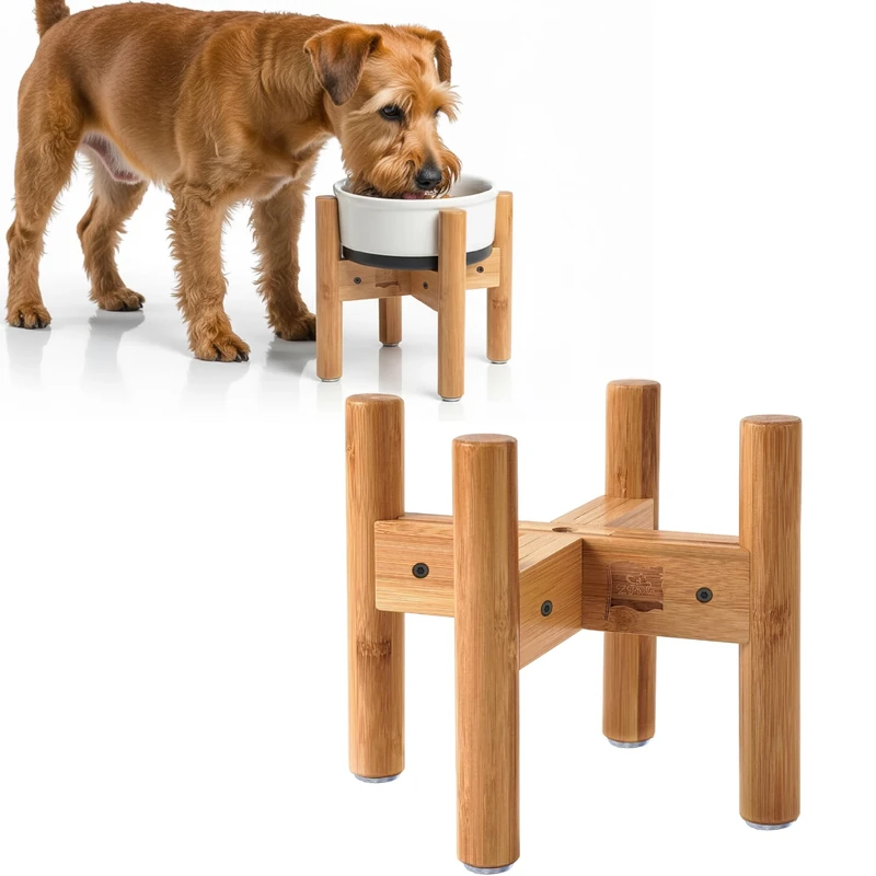 Dog Bowl Stand for Small Dogs - Height 7.5in, Adjustable 6 to 8-inch Wide - Puppy, Petite Dog Food or Water Dish Holder - Bamboo