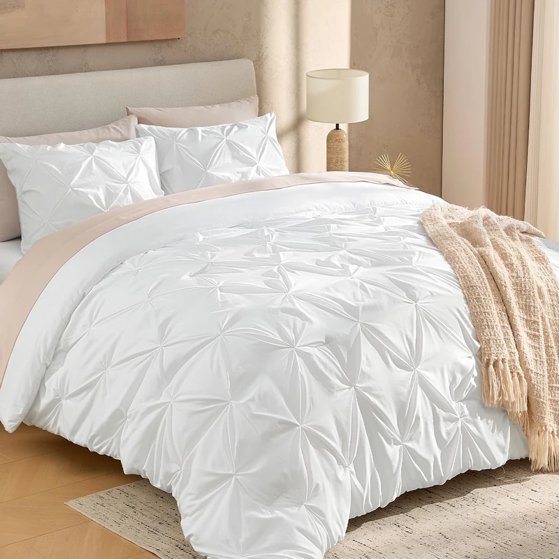 Andency White Pinch Pleat Comforter King(104x90Inch), 3 Pieces (1 Pintuck Comforter, 2 Pillowcases) Microfiber Down Alternative Comforter Bedding Set