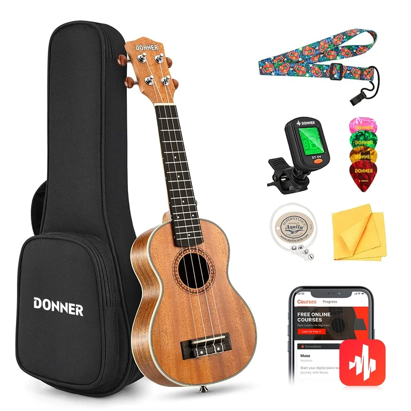 Donner Soprano Ukulele Beginner Kit - 21 Inch Mahogany Wood Adult Starter Set with Free Online Lessons and Nylon Strings