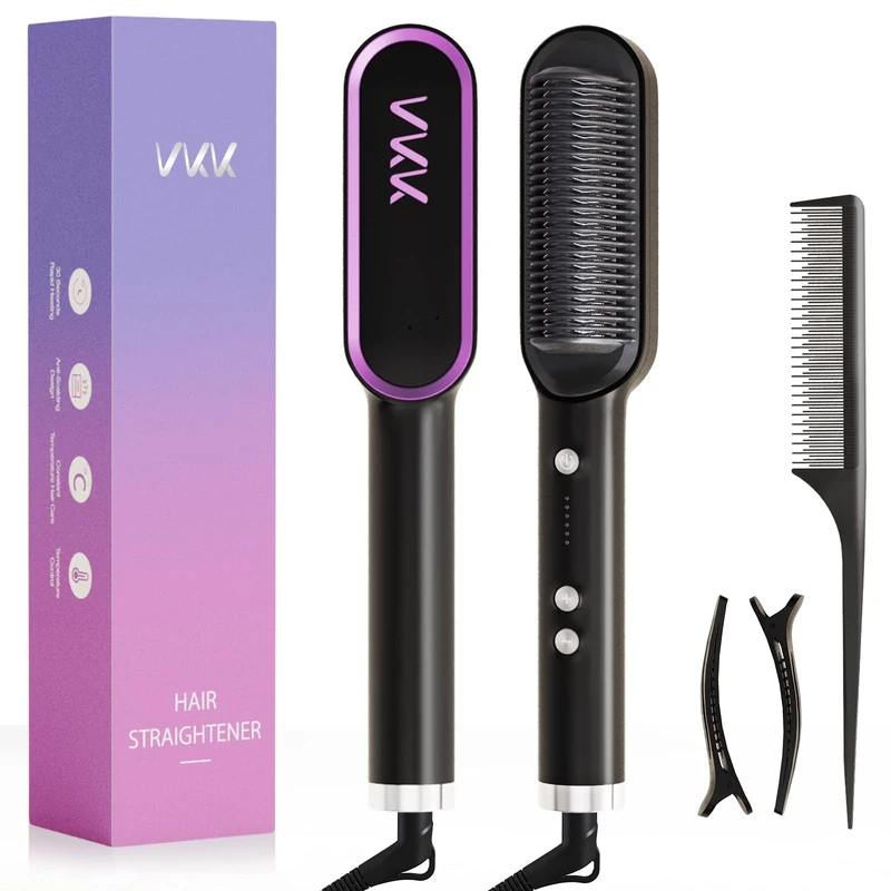VKK Hair Straightener Brush, Hair Straightener Comb with 25s Fast Heating Ceramic PTC, 5 Temp Settings & Anti-Scald, Straightening Brush for Women, Professional Hair Tools for Styling