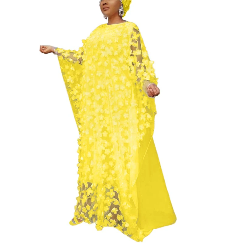 HD African Women Applique Flower Dress Boat Neck Chiffon Kaftan Dress One Size, Yellow, One Size
