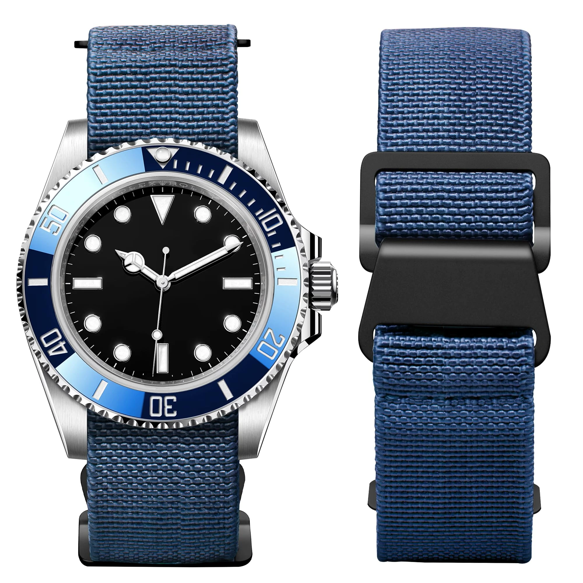 BINLUN Elastic Nylon Watch Straps 18mm/20mm/22mm Marine Nationale Style Parachute Fabric Replacement Watch Band Hook-and-Loop Silver/Black Buckle Men Women(Blue,22mm)