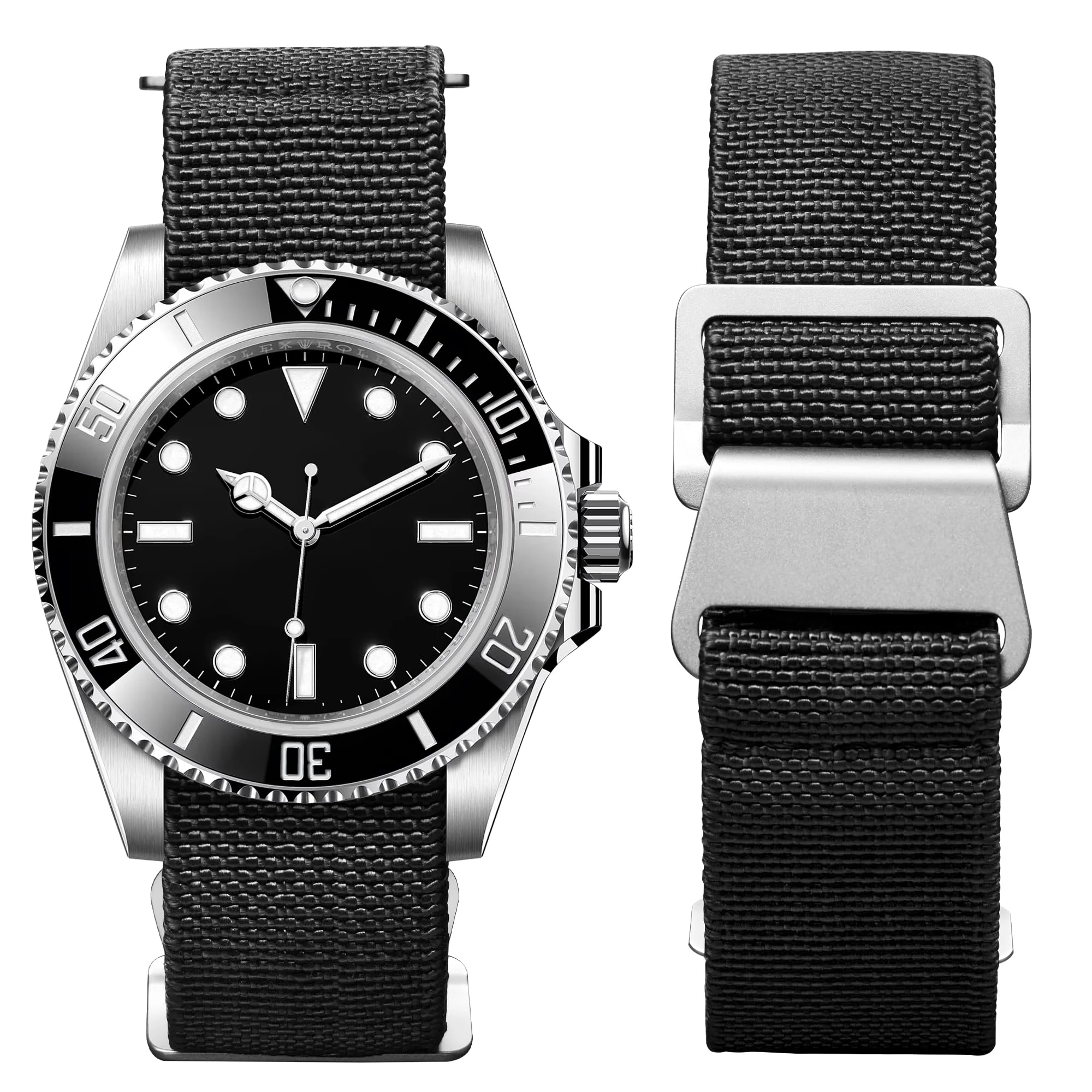 BINLUN Elastic Nylon Watch Straps 18mm/20mm/22mm Marine Nationale Style Parachute Fabric Replacement Watch Band Hook-and-Loop Silver/Black Buckle Men Women(Black,18mm)