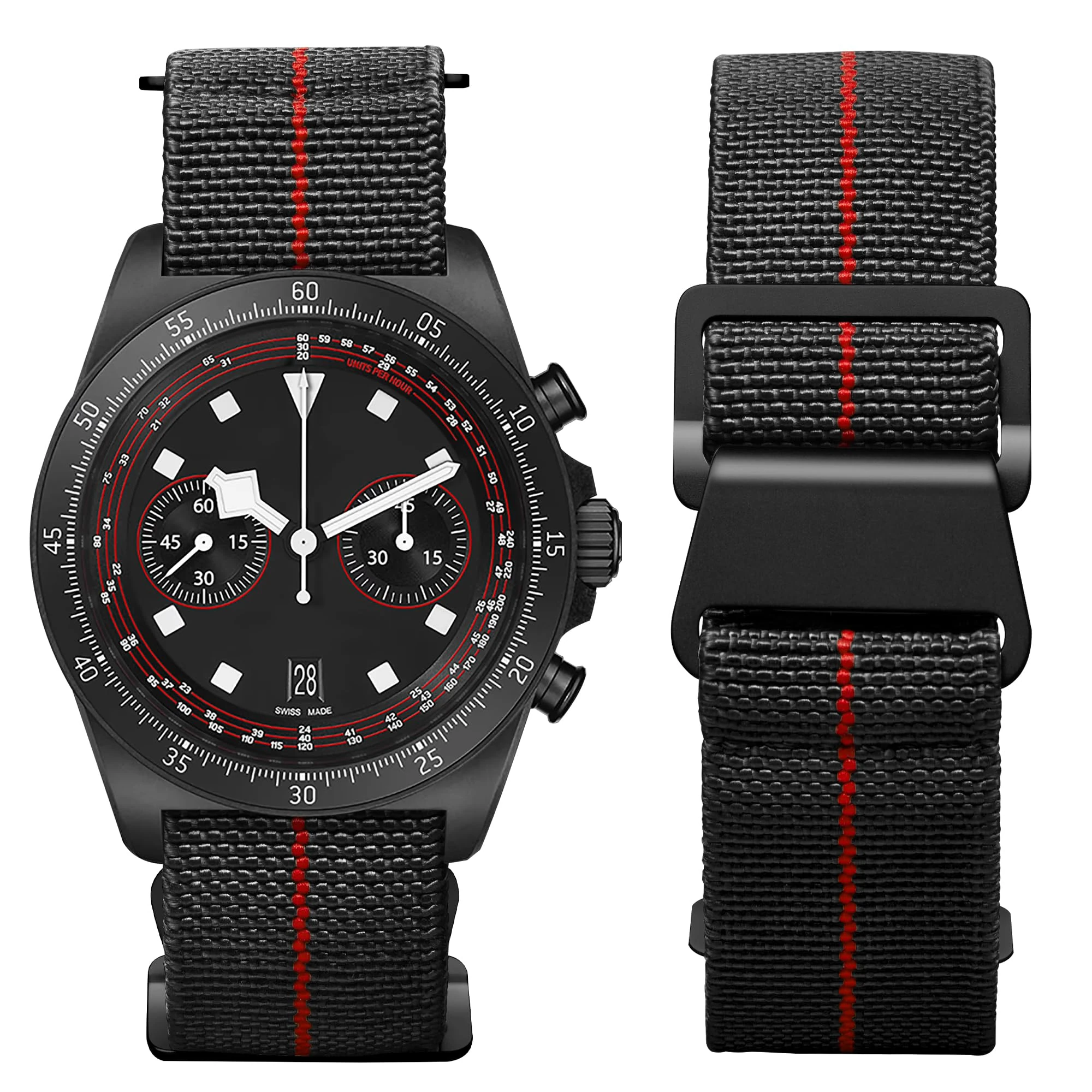 BINLUN Elastic Nylon Watch Straps 18mm/20mm/22mm Marine Nationale Style Parachute Fabric Replacement Watch Band Hook-and-Loop Silver/Black Buckle Men Women(Black-red,22mm)