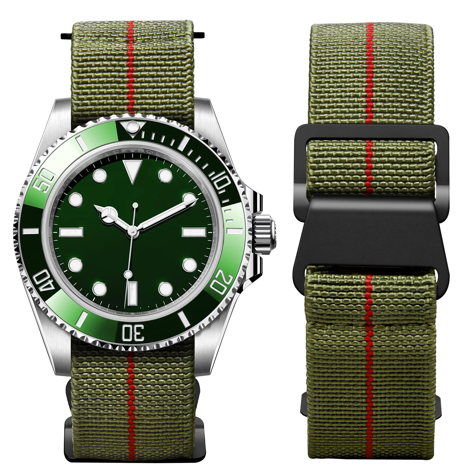 BINLUN Elastic Nylon Watch Straps 18mm/20mm/22mm Marine Nationale Style Parachute Fabric Replacement Watch Band Hook-and-Loop Silver/Black Buckle Men Women(Green-red,22mm)