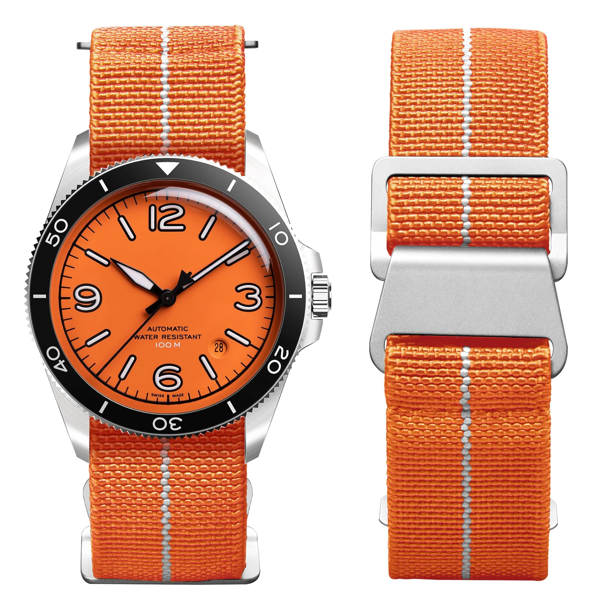BINLUN Elastic Nylon Watch Straps 18mm/20mm/22mm Marine Nationale Style Parachute Fabric Replacement Watch Band Hook-and-Loop Silver/Black Buckle Men Women(Orange-white,18mm)