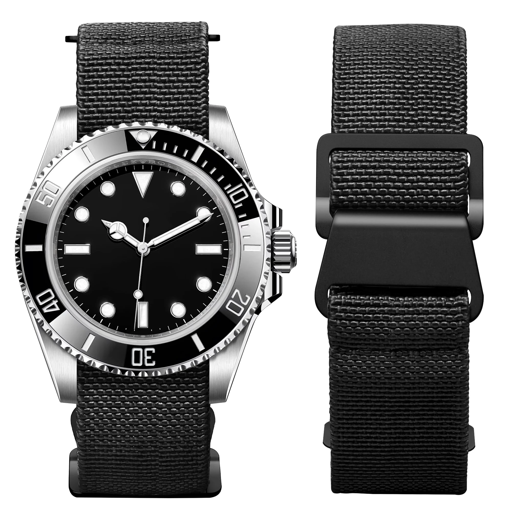 BINLUN Elastic Nylon Watch Straps 18mm/20mm/22mm Marine Nationale Style Parachute Fabric Replacement Watch Band Hook-and-Loop Silver/Black Buckle Men Women（Black,18mm）