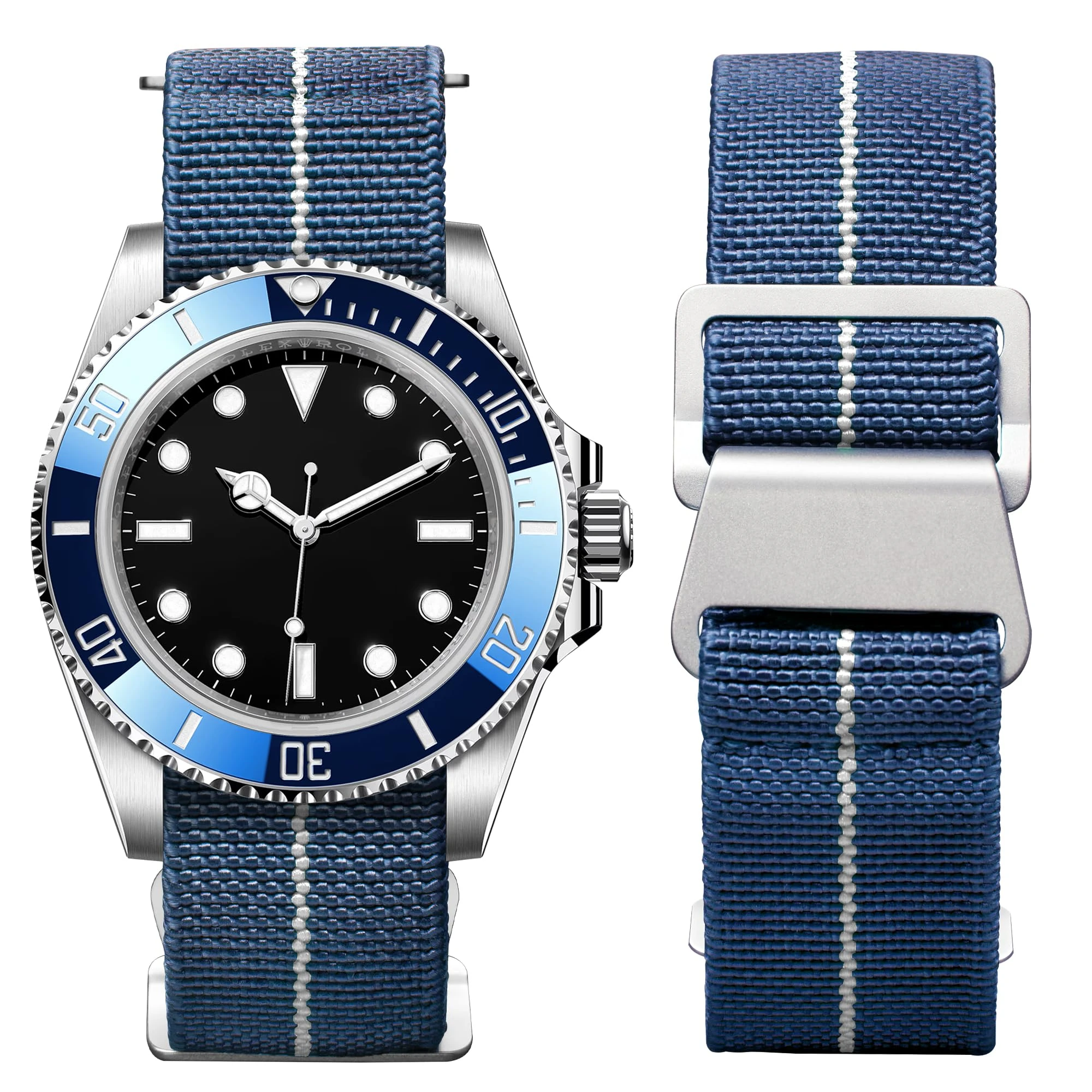 BINLUN Elastic Nylon Watch Straps 18mm/20mm/22mm Marine Nationale Style Parachute Fabric Replacement Watch Band Hook-and-Loop Silver/Black Buckle Men Women（Blue-white,18mm）
