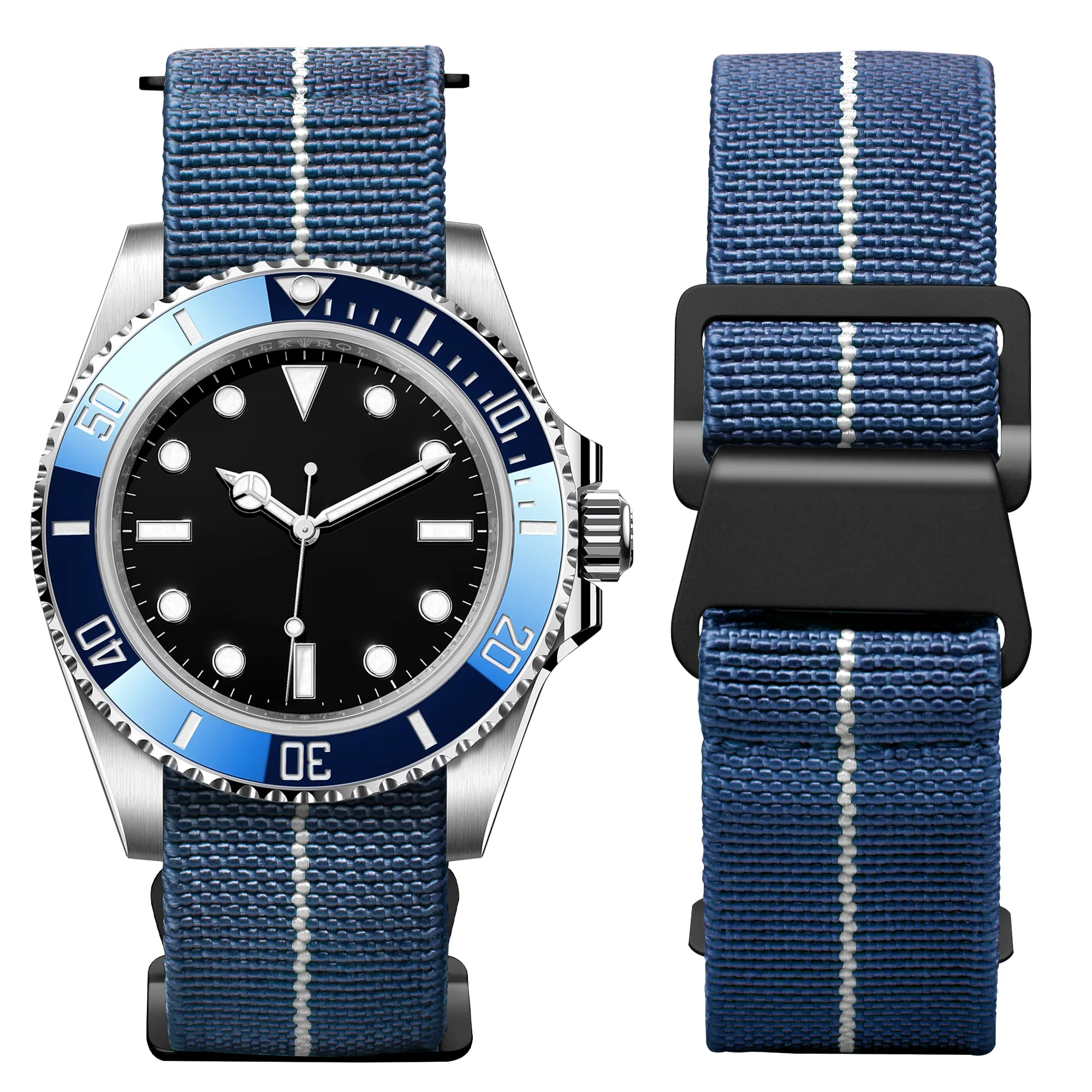 BINLUN Elastic Nylon Watch Straps 18mm/20mm/22mm Marine Nationale Style Parachute Fabric Replacement Watch Band Hook-and-Loop Silver/Black Buckle Men Women（Blue-white,18mm）