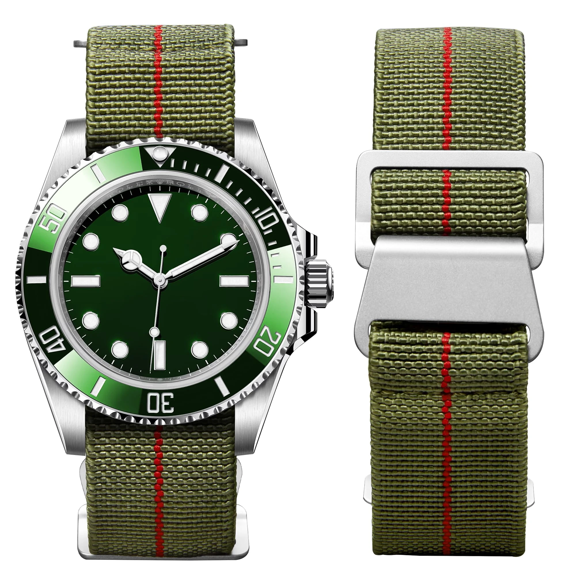 BINLUN Elastic Nylon Watch Straps 18mm/20mm/22mm Marine Nationale Style Parachute Fabric Replacement Watch Band Hook-and-Loop Silver/Black Buckle Men Women（Green-red,18mm）